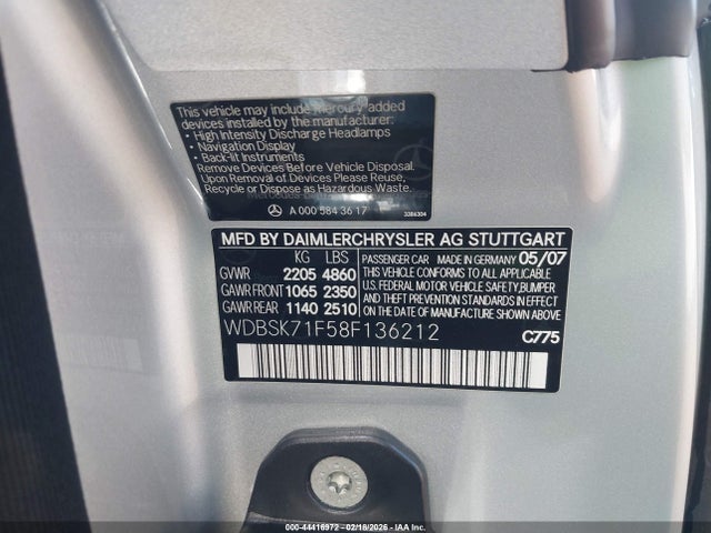 44416972 :رقم المزاد ، WDBSK71F58F136212 vin ، 2008 Mercedes-benz Sl 550 مزاد بيع