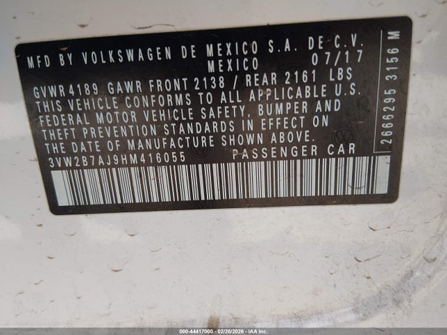44417000 :رقم المزاد ، 3VW2B7AJ9HM416055 vin ، 2017 Volkswagen Jetta 1.4t S مزاد بيع