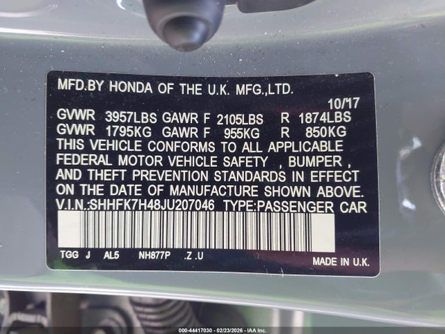 Продаж на аукціоні авто 2018 Honda Civic Sport, vin: SHHFK7H48JU207046, номер лоту: 44417030