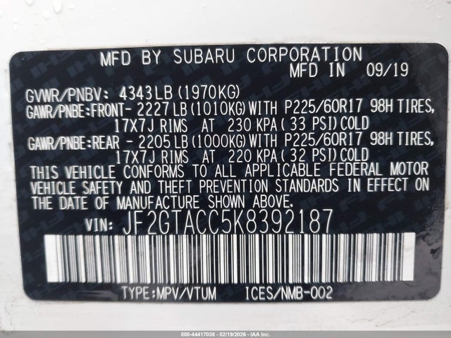 JF2GTACC5K8392187 Subaru Crosstrek 2.0i Premium