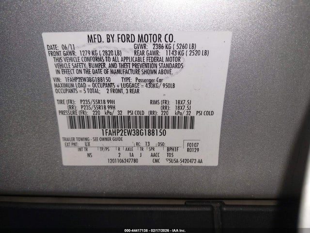 2011 FORD TAURUS 1FAHP2EW3BG188150 Photo 8