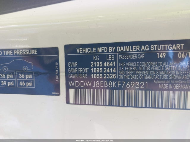 44417139 :رقم المزاد ، WDDWJ8EB8KF769321 vin ، 2019 Mercedes-benz C 300 4matic مزاد بيع