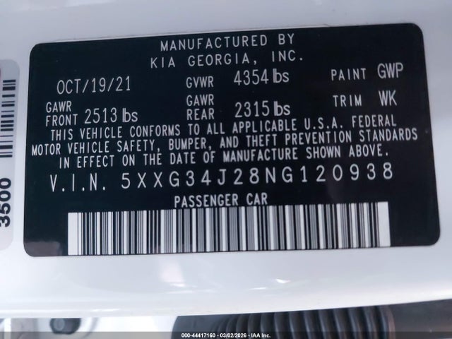 5XXG34J28NG120938 KIA K5 EX