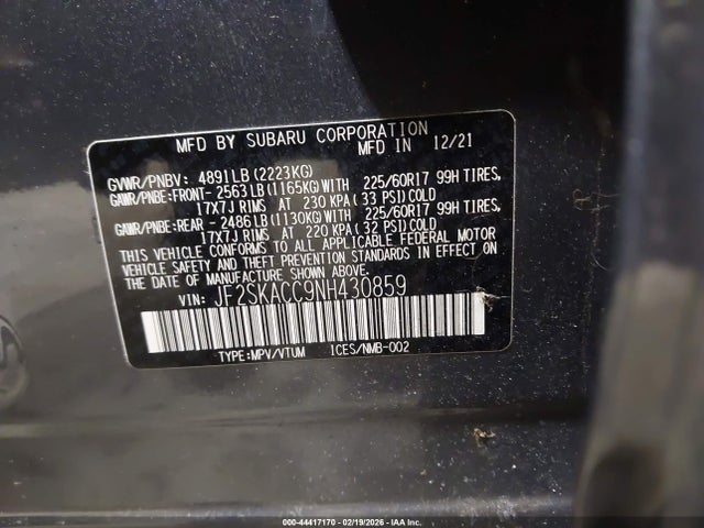 44417170 :رقم المزاد ، JF2SKACC9NH430859 vin ، 2022 Subaru Forester مزاد بيع