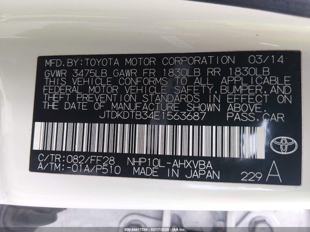 JTDKDTB34E1563687 Toyota Prius C Two