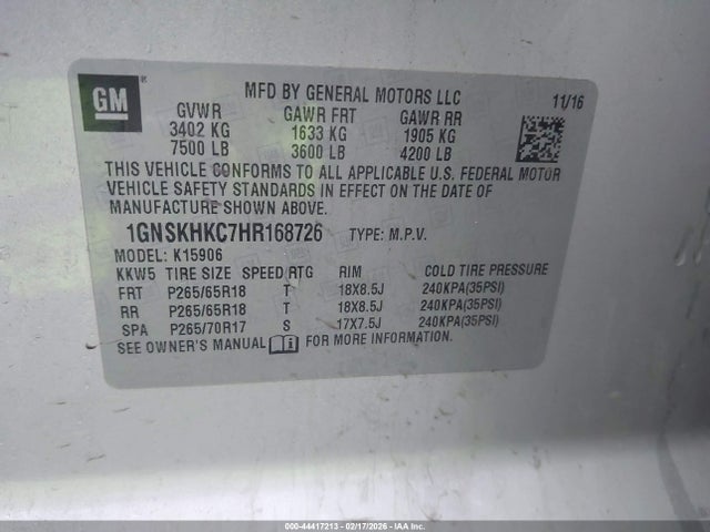 1GNSKHKC7HR168726 Chevrolet Suburban Lt