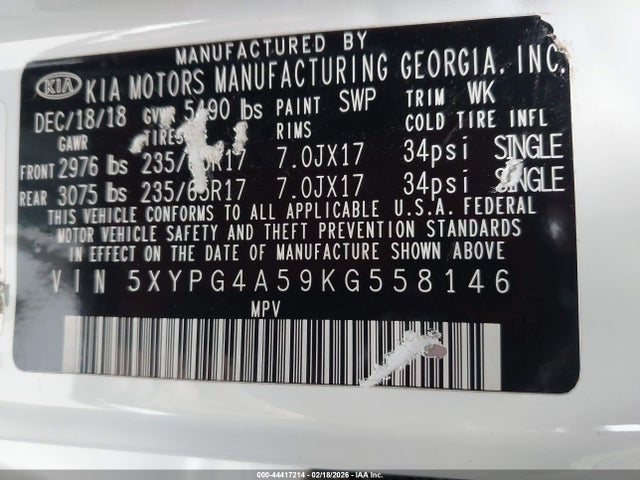 5XYPG4A59KG558146 KIA Sorento 3.3l Lx