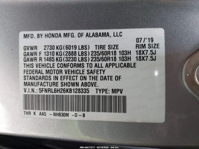 5FNRL6H26KB128335 Honda ODYSSEY LX
