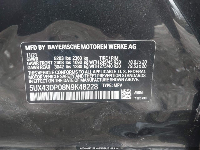 2022 Bmw X3 Sdrive30i მანქანა იყიდება აუქციონზე, vin: 5UX43DP08N9K48228, აუქციონის ნომერი: 44417227