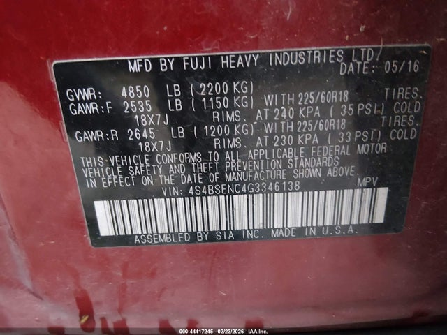 4S4BSENC4G3346138 Subaru Outback 3.6r Limited