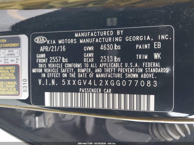 5XXGV4L2XGG077083 KIA Optima Sxl Turbo