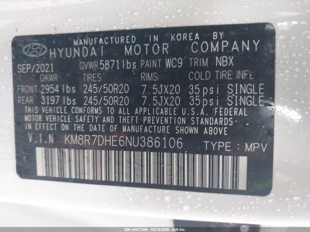 2022 Hyundai Palisade Calligraphy მანქანა იყიდება აუქციონზე, vin: KM8R7DHE6NU386106, აუქციონის ნომერი: 44417346