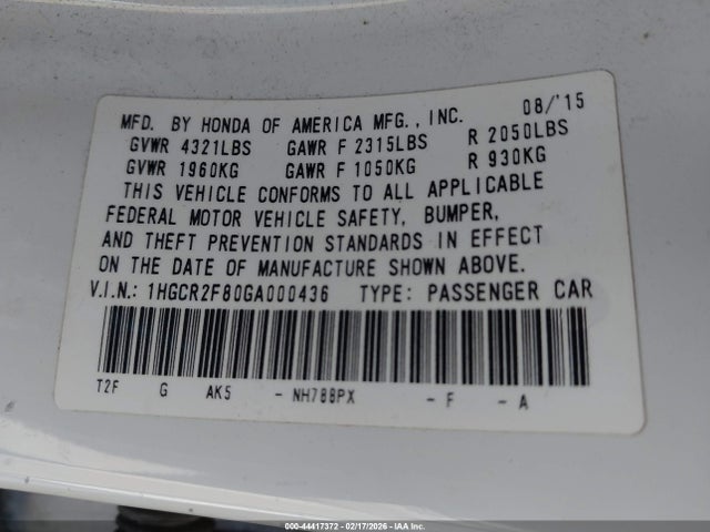 1HGCR2F80GA000436 Honda Accord Ex-l