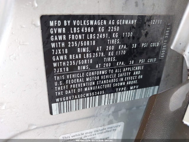 44417378 :رقم المزاد ، WVGBV7AX0CW553405 vin ، 2012 Volkswagen Tiguan Se مزاد بيع