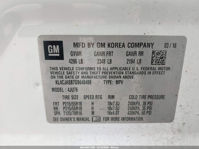Auction sale of the 2016 Buick Encore, vin: KL4CJASB7GB648488, lot number: 44417399