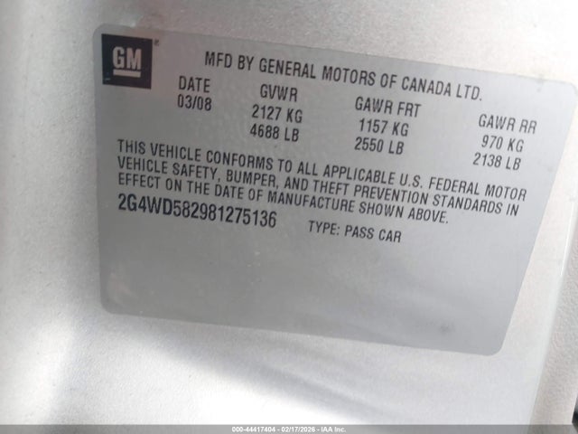 44417404 :رقم المزاد ، 2G4WD582981275136 vin ، 2008 Buick Lacrosse Cxl مزاد بيع