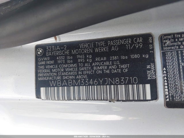 Продажа на аукционе авто 2000 Bmw 323ci, vin: WBABM3346YJN83710, номер лота: 44417439