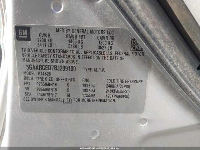 44417449 :رقم المزاد ، 5GAKRCED7BJ289100 vin ، 2011 Buick Enclave 2xl مزاد بيع
