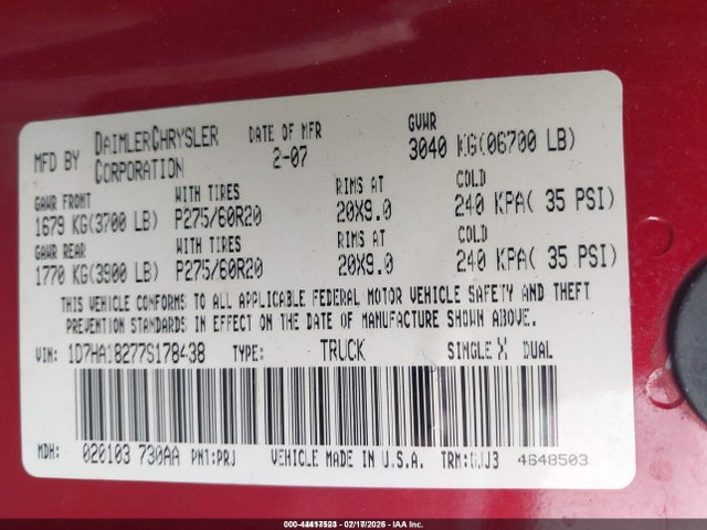 44417523 :رقم المزاد ، 1D7HA18277S178438 vin ، 2007 Dodge Ram 1500 Laramie مزاد بيع