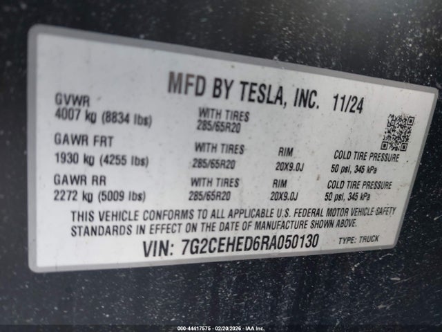 2024 Tesla Cybertruck All-wheel Drive მანქანა იყიდება აუქციონზე, vin: 7G2CEHED6RA050130, აუქციონის ნომერი: 44417575