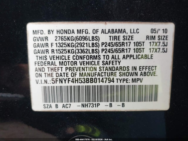 2011 Honda Pilot Ex-l მანქანა იყიდება აუქციონზე, vin: 5FNYF4H53BB014794, აუქციონის ნომერი: 44417576