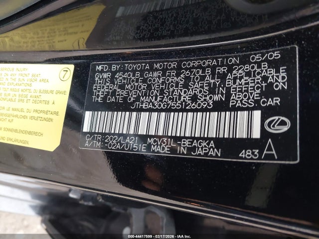 Aukcja sprzedaży 2005 Lexus Es 330, vin: JTHBA30G755126093, numer aukcji: 44417599