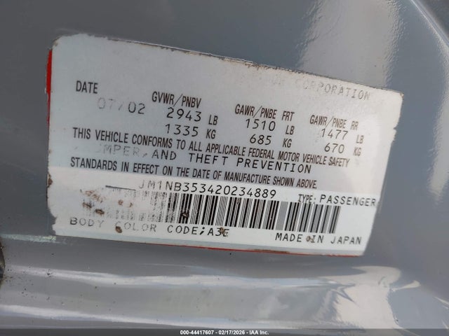 Продажа на аукционе авто 2002 Mazda Mx-5 Miata Cloth/ls/se, vin: JM1NB353420234889, номер лота: 44417607