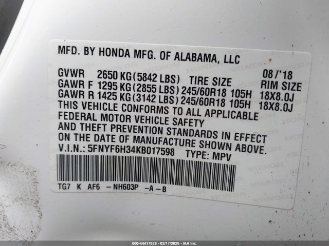 5FNYF6H34KB017598 Honda Pilot Ex