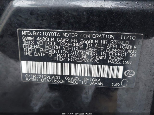 44417640 :رقم المزاد ، JTHBK1EG7B2430970 vin ، 2011 Lexus Es 350 مزاد بيع