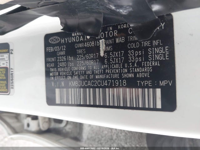 2012 Hyundai Tucson Gls მანქანა იყიდება აუქციონზე, vin: KM8JUCAC2CU471918, აუქციონის ნომერი: 44417652