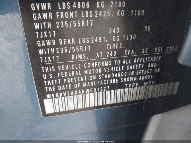 WVGRV7AX4HW501927 Volkswagen Tiguan 2.0t Wolfsburg Edition
