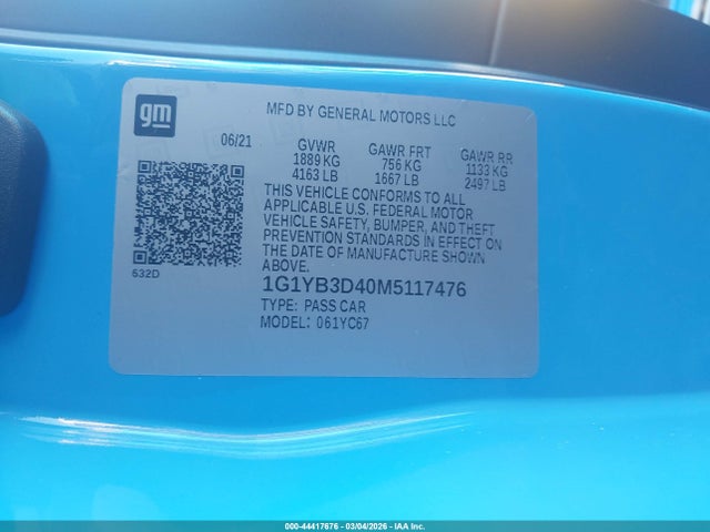 2021 CHEVROLET CORVETTE STINGRAY 1G1YB3D40M5117476 Photo 8