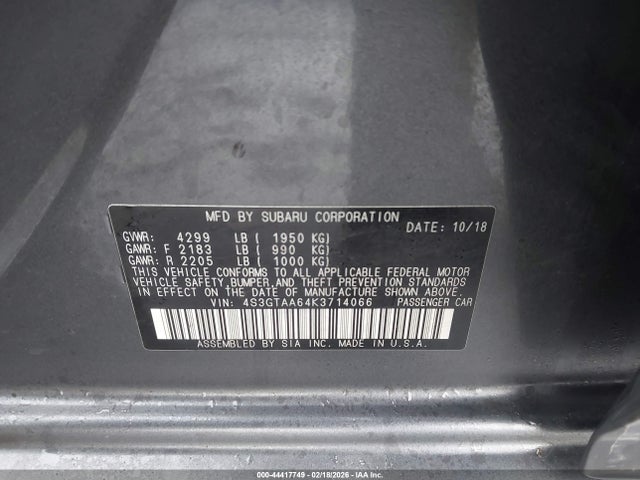 2019 Subaru Impreza 2.0i მანქანა იყიდება აუქციონზე, vin: 4S3GTAA64K3714066, აუქციონის ნომერი: 44417749