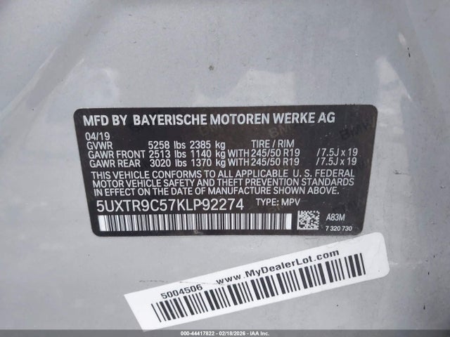 2019 Bmw X3 Xdrive30i მანქანა იყიდება აუქციონზე, vin: 5UXTR9C57KLP92274, აუქციონის ნომერი: 44417822