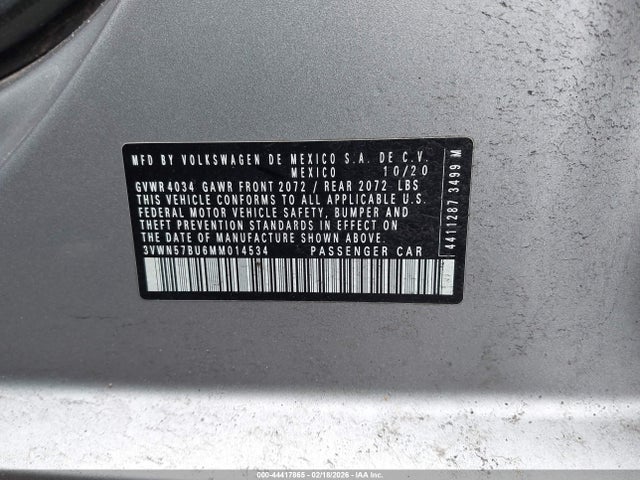 44417865 :رقم المزاد ، 3VWN57BU6MM014534 vin ، 2021 Volkswagen Jetta 1.4t R-line/1.4t S مزاد بيع