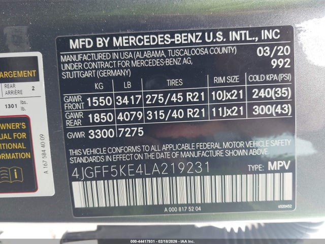 Продаж на аукціоні авто 2020 Mercedes-benz Gls 450 4matic, vin: 4JGFF5KE4LA219231, номер лоту: 44417931