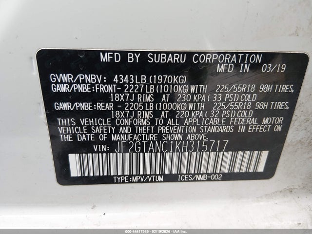 Aukcja sprzedaży 2019 Subaru Crosstrek 2.0i Limited, vin: JF2GTANC1KH315717, numer aukcji: 44417969