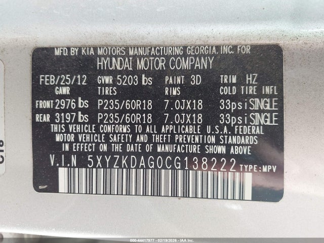 Продажа на аукционе авто 2012 Hyundai Santa Fe Limited V6, vin: 5XYZKDAG0CG138222, номер лота: 44417977
