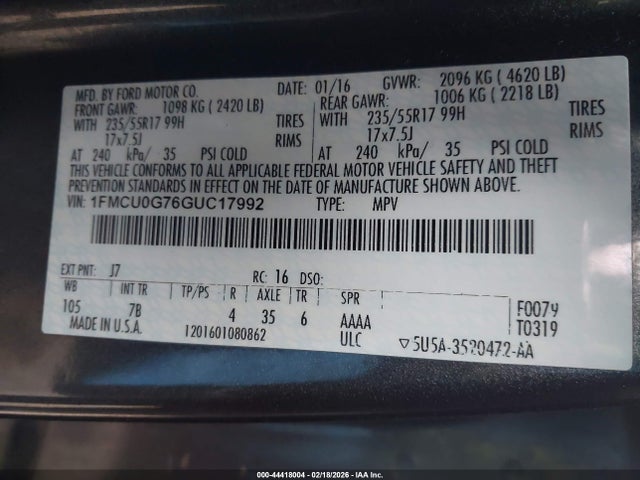 Ford ESCAPE SE 2016 1FMCU0G76GUC17992 Image 9