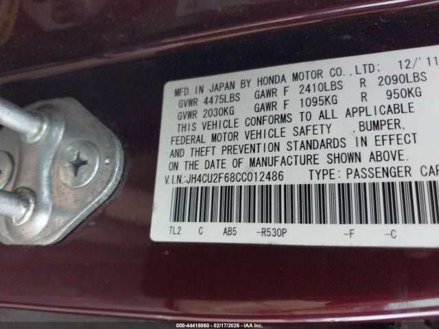 2012 Acura Tsx 2.4 მანქანა იყიდება აუქციონზე, vin: JH4CU2F68CC012486, აუქციონის ნომერი: 44418060
