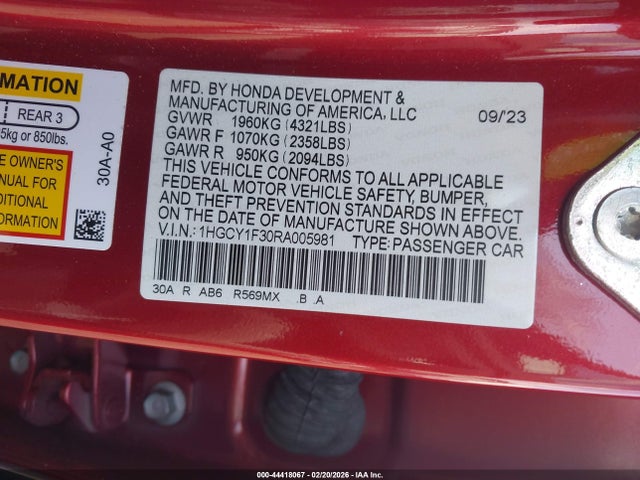 44418067 :رقم المزاد ، 1HGCY1F30RA005981 vin ، 2024 Honda Accord Ex مزاد بيع