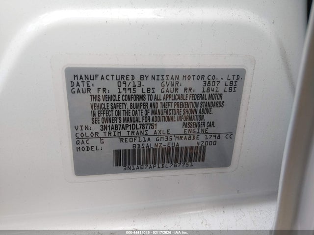 2013 Nissan Sentra Fe+ Sv მანქანა იყიდება აუქციონზე, vin: 3N1AB7AP1DL787751, აუქციონის ნომერი: 44418085