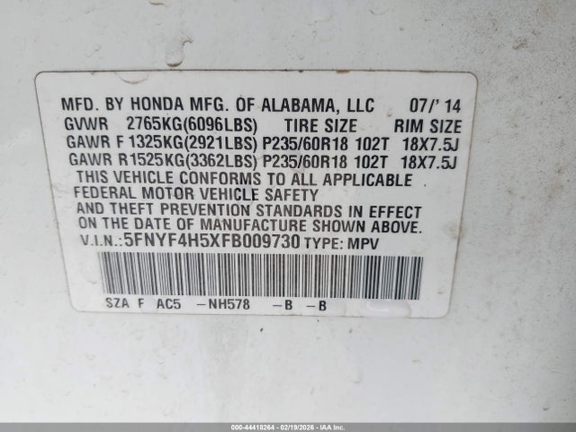 Honda Pilot Ex-l 2015 5FNYF4H5XFB009730 Image 9