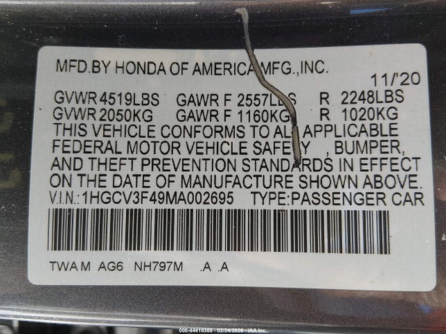 1HGCV3F49MA002695 Honda Accord Hybrid Ex