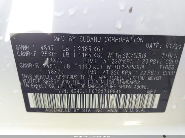 Aukcja sprzedaży 2025 Subaru Crosstrek Sport, vin: 4S4GUHF67S3718848, numer aukcji: 44418430