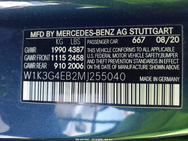 44418451 :رقم المزاد ، W1K3G4EB2MJ255040 vin ، 2021 Mercedes-benz A 220 مزاد بيع