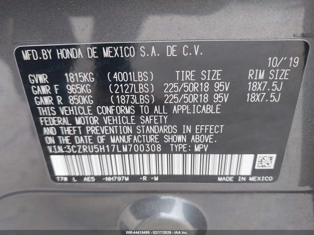 3CZRU5H17LM700308 Honda Hr-v 2wd Sport