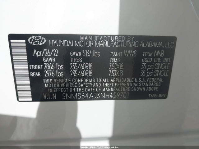 Aukcja sprzedaży 2022 Hyundai Santa Fe Xrt, vin: 5NMS64AJ3NH459701, numer aukcji: 44418506