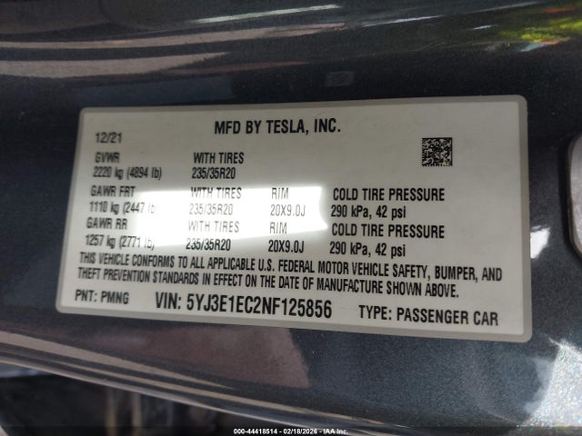 Aukcja sprzedaży 2022 Tesla Model 3 Performance Dual Motor All-wheel Drive, vin: 5YJ3E1EC2NF125856, numer aukcji: 44418514
