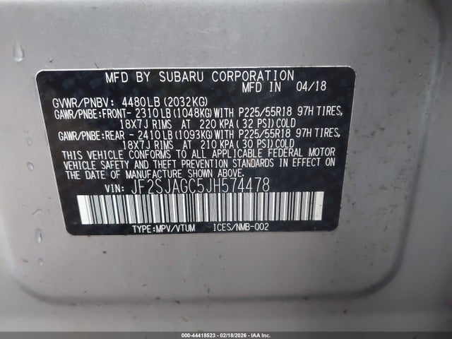 Auction sale of the 2018 Subaru Forester 2.5i Premium, vin: JF2SJAGC5JH574478, lot number: 44418523